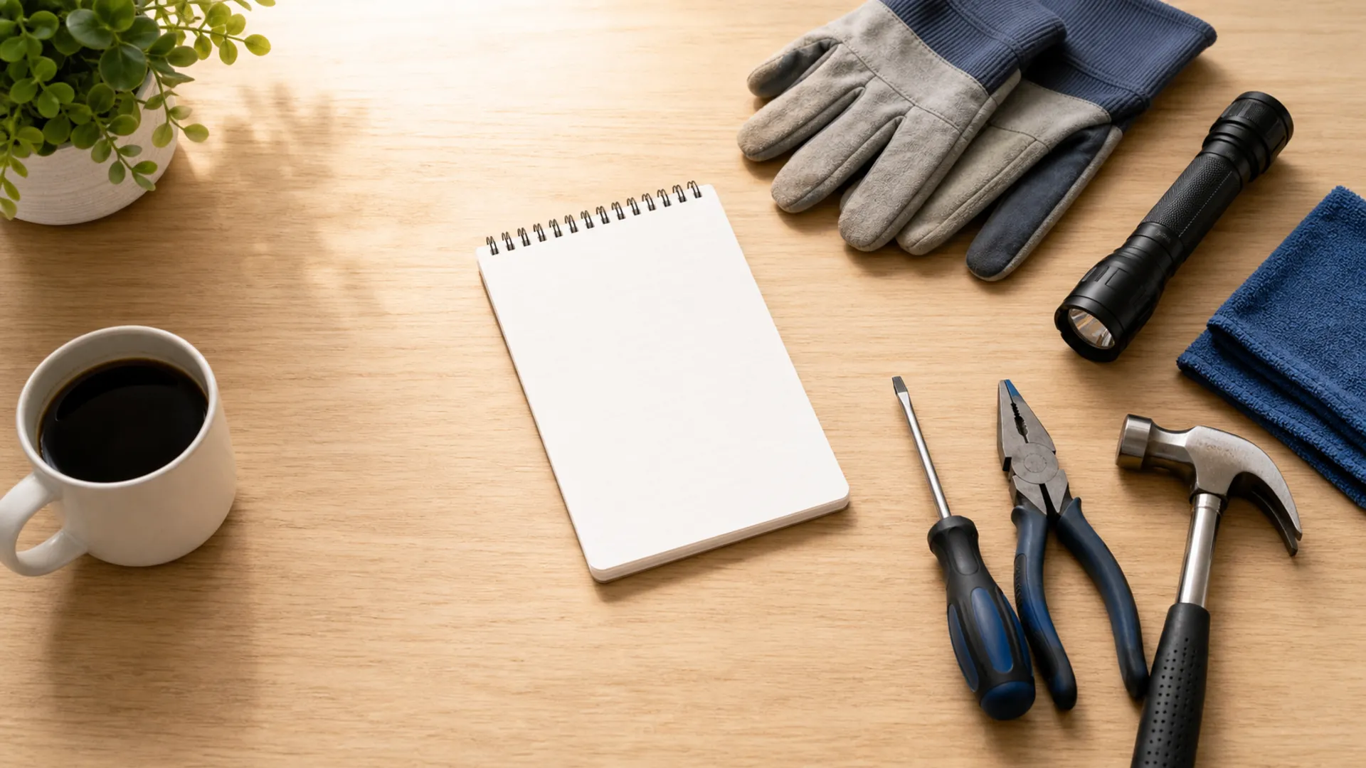 Blank notepad gloves flashlight tools and mug on a clean table