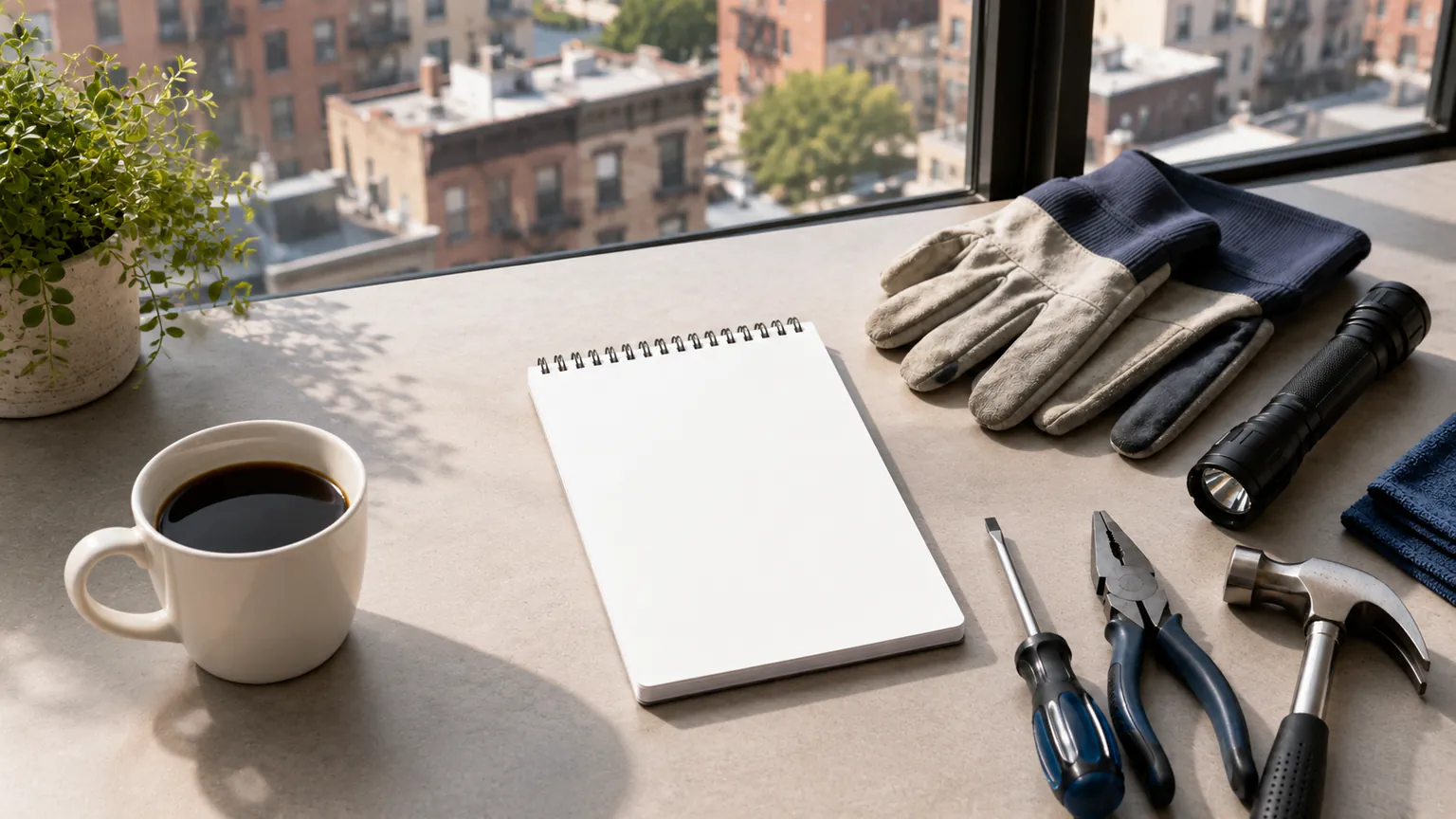 Blank notebook with work gloves flashlight and hand tools on a sunlit table