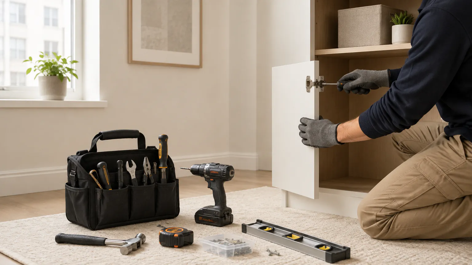 Technician adjusting cabinet hardware with hand tools arranged nearby
